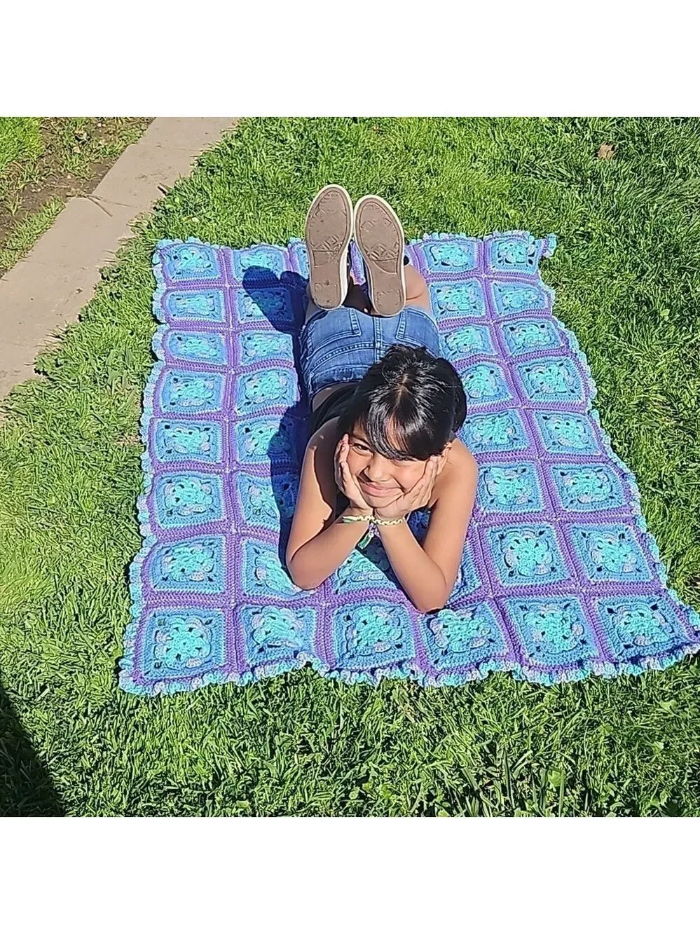 Hand Crafted Purple Blue Aqua Crochet Blanket Granny Square Throw